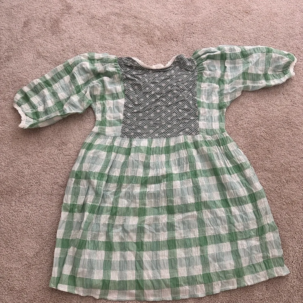 UMGEE Mint Green Woven Puff Sleeve Babydoll Dress Plaid Tassel Cotton Blend - Picture 2 of 4